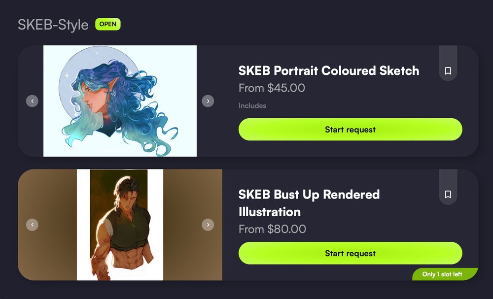 A screenshot showing the two services I offer on VGen. The first one is SKEB Portrait Coloured Sketch with a starting price of $45. The second one is SKEB Bust Up Rendered Illustration with a starting price of $80.
