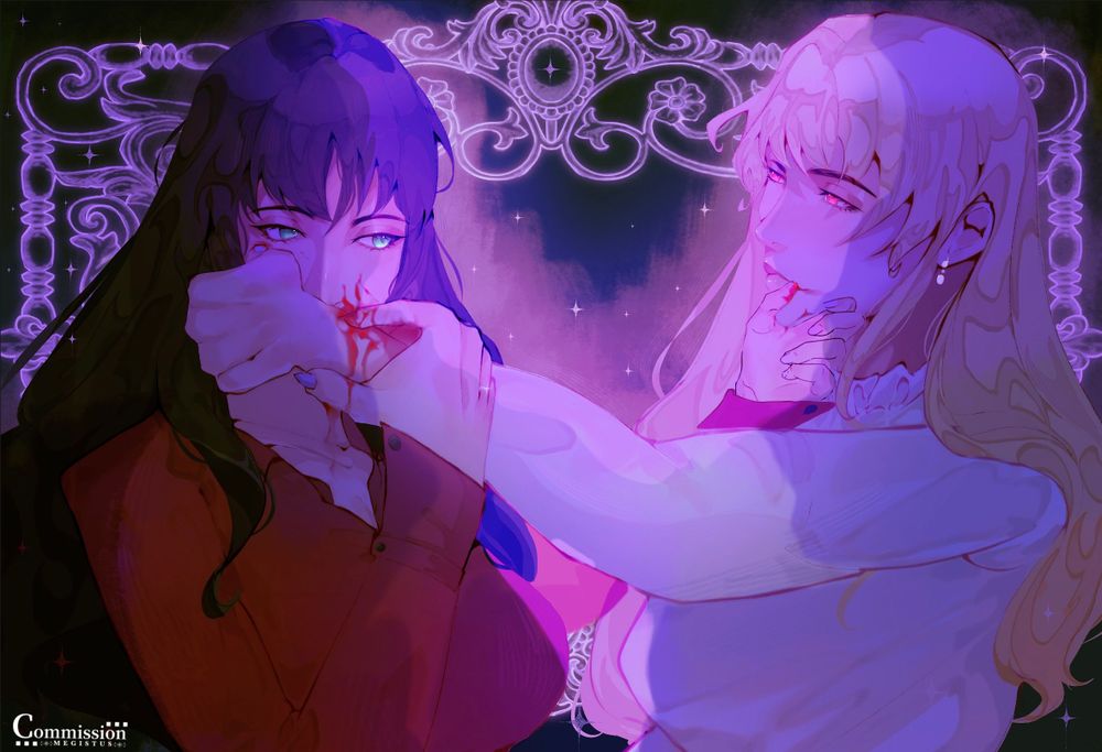 An illustration of ko 🌠 .smo (@liesel on VGen)'s characters. It features two women with a dark background behind them and strong purple lighting. The character on the left has long black hair, green eyes, fair skin and is wearing a red shirt with long sleeves. She is looking towards the character on the right and holding her hand close to her mouth, as she is biting her wrist. There is blood on the other character's wrist and on her face, she is also wiping blood off the character on the right's lips. The character on the right has long blonde hair, fair skin and pink eyes, she is wearing a white long sleeved blouse with a ruffled collar and is looking towards the character on the left with a smile on her face.