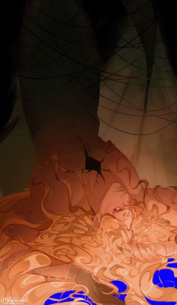 A fanart doodle of Godwyn from Elden Ring. His head is on the ground with his long golden hair covering most of the floor, his torso is morphed into a fish tail and there is a dark wound in his chest. His head is illuminated by a soft golden glow while the rest of his body is in a dark green shadow. There are strings wrapped around his tail. The floor near his head is a vibrant blue.
