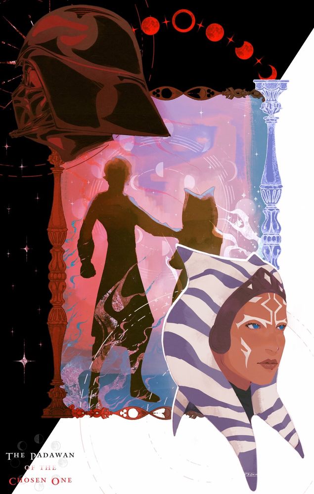 Fanart of Ahsoka Tano and Anakin Skywalker/Darth Vader from Star Wars/ The Clone Wars. In the middle is a shilloute of Anakin with his hand on Ahsoka's shoulder. The frame's border on the right is in a light blue with a white background while on the left is red with a black background. On the bottom right corner is a portrait for Ahsoka, grown-up, and looking towards the right. On the left top corner is a side profile portrait of Darth Vader. Below is the text "Padawan of the Chosen One". There are stars and flames and line patterns here and there.
