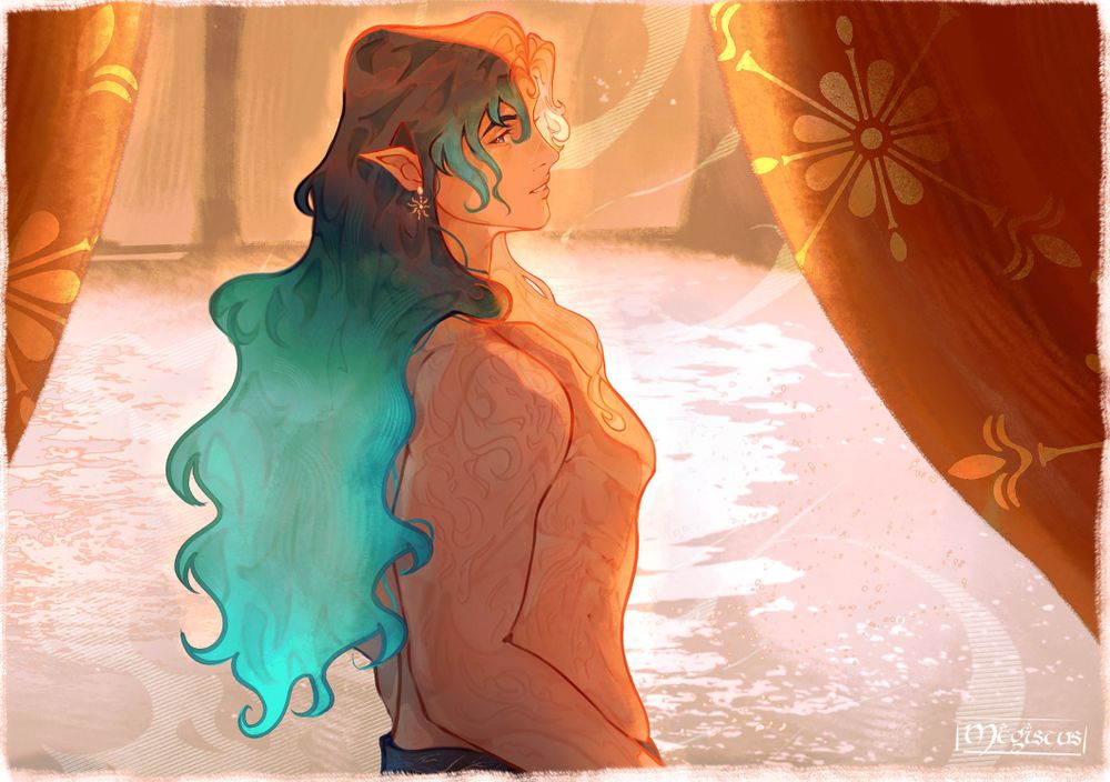 An illustration of my original character Aleron in a bathing area. He is standing, topless, with only a blue tunic around his waist, and is looking back towards the screen in a profile angle. Behind him is an indoor pool and the interior walls at a distance, which are mostly beige with some grey pillars. Closer to him are large red curtains with some gold patterns. There is a soft warm glow illuminating his right side, while a purple shadow is cast on his left side that is steered more towards the viewer. There are markings throughout his upper body which resemble raised scars. He has fair skin, elf ears, with a sun earring on the side that is visible, blue eyes and long blue hair with glowing cyan ends.