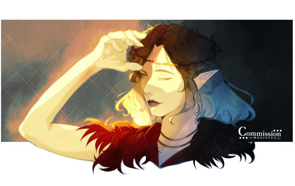 A portrait of tissket's character looking towards the left with warm sunlight shining down on her. She has her left eye closed and a hand blocking some of the sunlight from the left side of her face. The right side has a blue shadow.