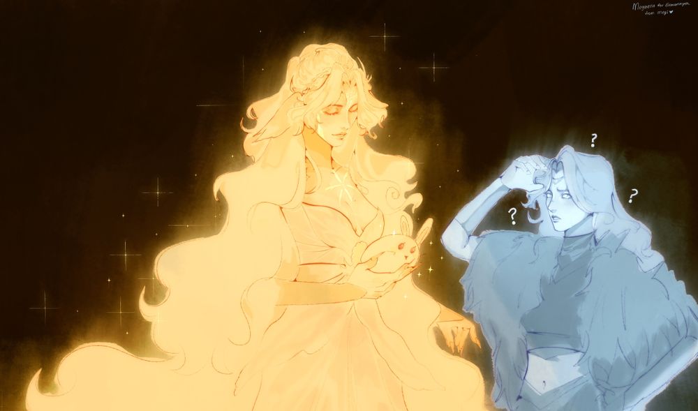 A coloured doodle of gravenmyth's tarnished, Megaera, and my tarnished. Megaera is glowing golden with a smile on her face and she's holding a poorly drawn but rotund bunny in her hand. My tarnished is looking at the odd bunny with a confused expression on her face, she is glowing blue instead. The background is a dark brown.