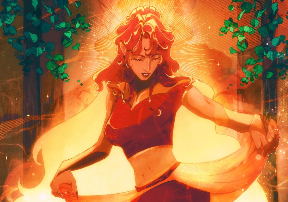 An illustration of my original character, Bhargavi. She is standing in the middle of a pond with a brown wall and two pillars behind, with some greenery around. She has brown skin and long red hair with glowing orange/golden ends. She is wearing a golden armour around her neck and golden vambraces on each arm. She is wearing a sleeveless red top that reveals her smotach and long red pants. She is looking down and has one foot out of the water, while holding on to some of the longer shinier layers of her pants that have appeared to be drenched as they’ve soaked up too much water. There is a strong golden light shining down on her from above.
