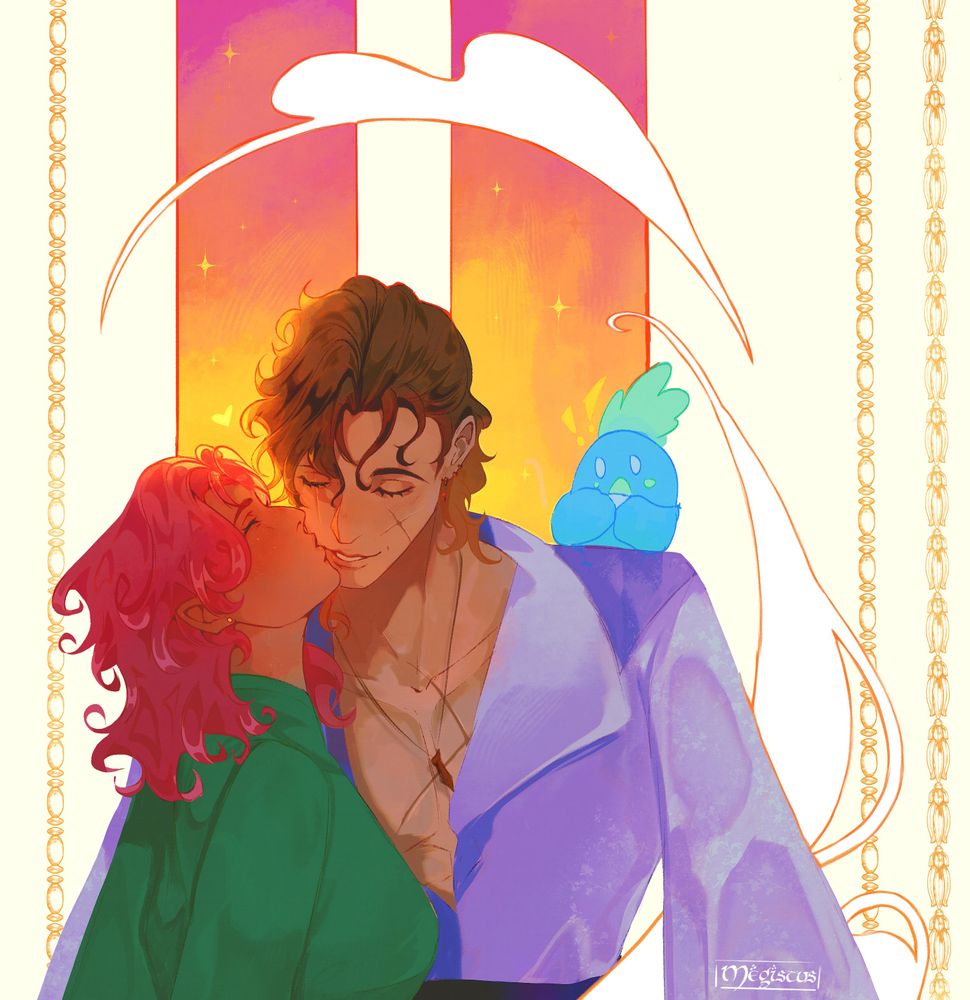 An illustration of my original characters, Polaris and Reva. Polaris is leaning down with a smile on his face, as Reva gives him a kiss on the cheek with her eyes shut and face flustered. Mr Squawkers, the blue parrot, is on Polaris' shoulder with a shocked expression on his face. Behind them is the sunset with some white wisps around them. Surrounding the sunset is a yellow border with some lines.