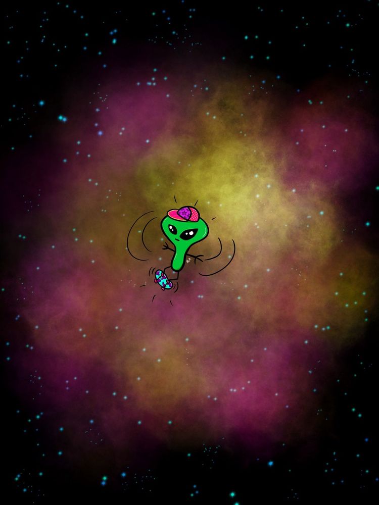 A small green alien in a pink baseball cap is riding a blue skateboard through a galaxy in space.