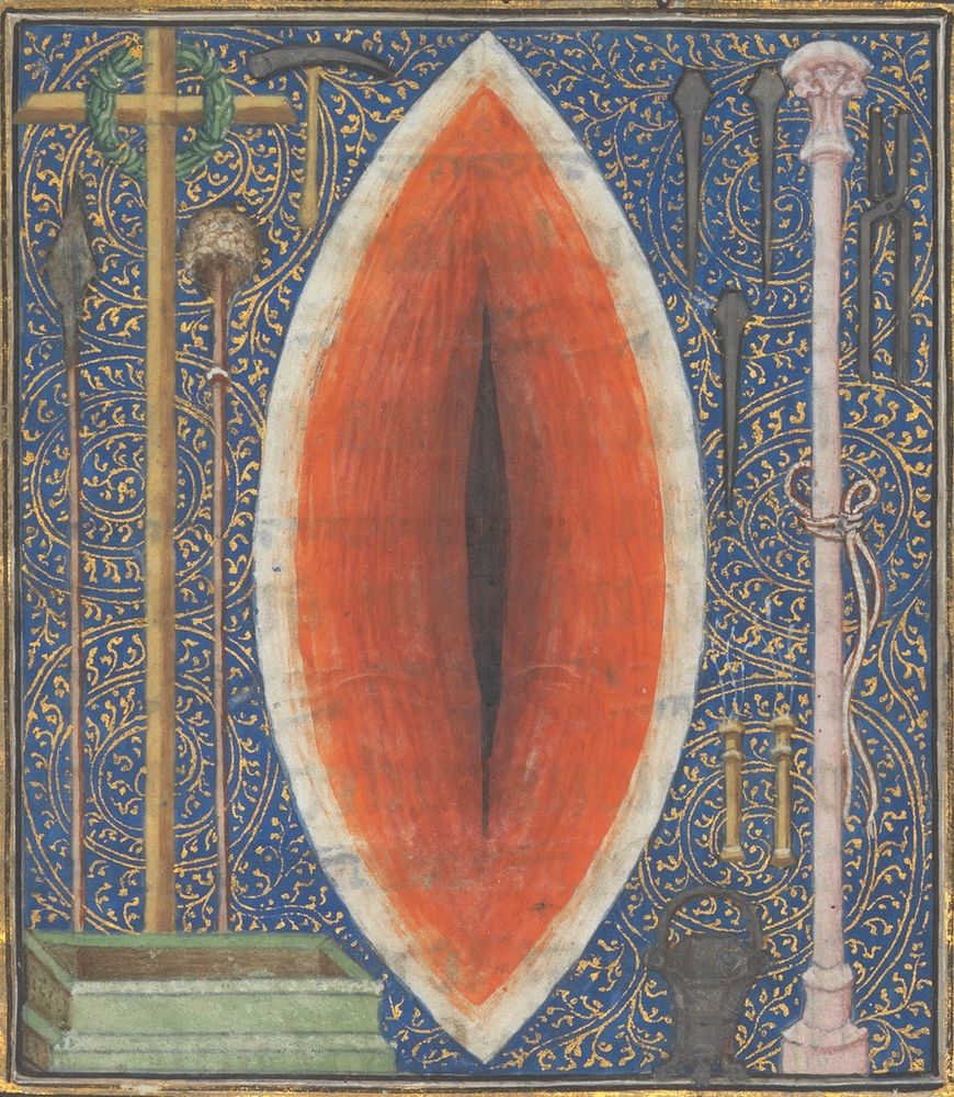 A medieval painting of the side wound of Christ, which looks similar to the eye of Sauron, many Georgia O’Keefe paintings, and vulvas.