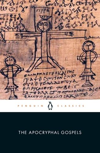 Cover of the Penguin Classics 'The Apocryphal Gospels' with a photo of a manuscript on he cover. The text of the manuscript is decorated with a very poorly drawn Jesus and two criminals being executed. Apart from anything else, the legs of Jesus have been accidentally attached to the cross itself instead of his body.