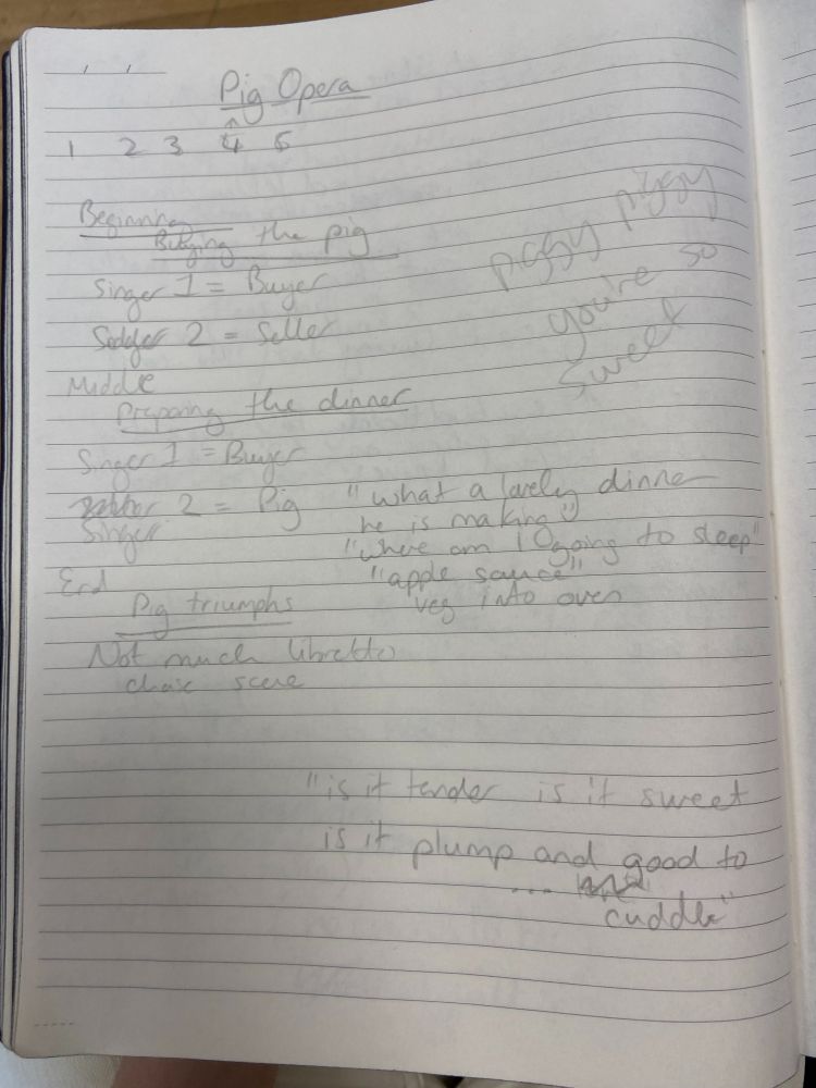 A notebook covered with notes under the title 'Pig opera' they sketch out a story 'buying the pig' 'preparing the dinner' and 'pig triumphs' and there are snatches of lyrics 'you are tender, you are sweet, you are plump and good to...cuddle.' And so on. 