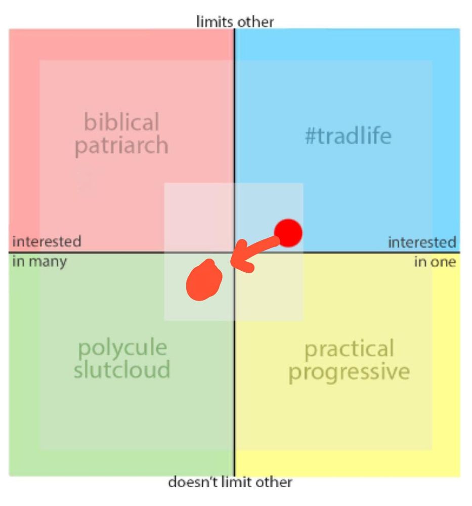 On the X Axis Interested in many/interested in one

On the Y Axis Doesn't limit other/limits other

Top left quadrant: Biblical patriarch 
Top right quadrant: #tradlife
Bottom left quadrant: polycule slutcloud
Bottom right quadrant: practical progressive

Alices dot is located in the top right quadrant but close to the origi. a drawn arrow points to a drawn point mirrored from the original point over both axes 