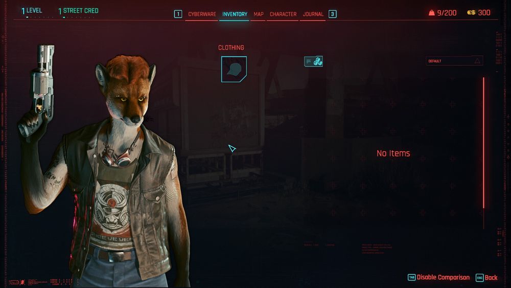 A screenshot of the Cyberpunk inventory screen with the player character as a fox furry.