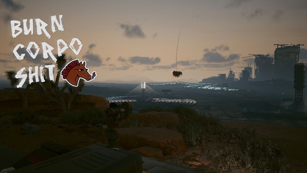 Panam from Cyberpunk 2077 as a mountain lion furry blasting the AV with a rocket launcher. There's stickers added on of a horse smoking and text reading "BURN CORPO SHIT"