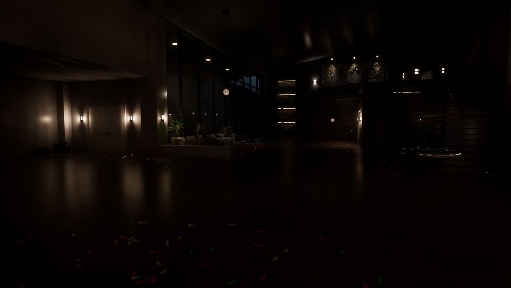 A dimly lit foyer with a hardwood floor with confetti strewn across it