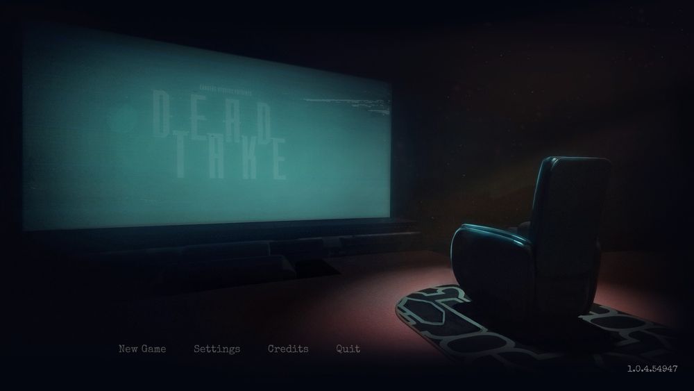 A theater chair sits in a spotlight on the right side of the picture while a movie screen reads the title "Dead Take" across it