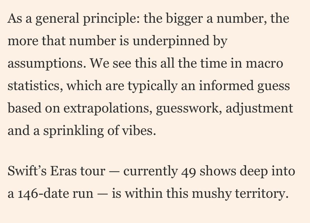 A screenshot of the FT which reads: As a general principle: the bigger a number, the more that number is underpinned by assumptions. We see this all the time in macro statistics, which are typically an informed guess based on extrapolations, guesswork, adjustment and a sprinkling of vibes.

Swift’s Eras tour — currently 49 shows deep into a 146-date run — is within this mushy territory.