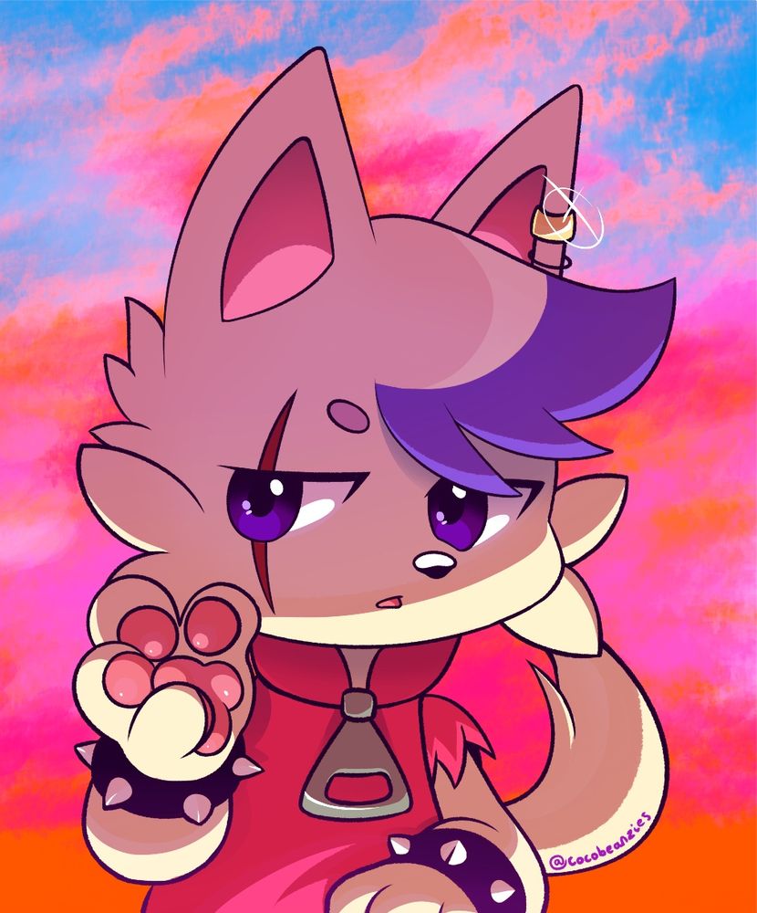 A yellowish-white dog with purple hair holding up their paw and gazing nonchalantly into the camera. They have piercings on their left ear, spikey bracelets, and a large scar going down their right eye. The background is a sunset.