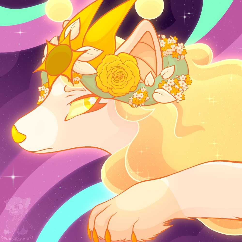 A golden glowbuddy (closed original species) who is flying to the left in space with a single paw in-view. She has yellow horns, flowing yellow hair, and a flower crown adorning many flowers and petals. The background is the swirls of a galaxy.