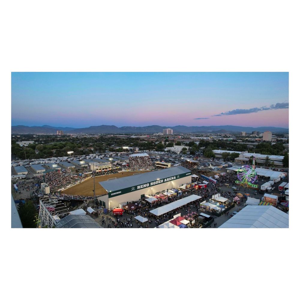 Aerial view of the Reno Rodeo at the Reno-Sparks Livestock Event Center with Soarks in the far background (June 24, 2023)