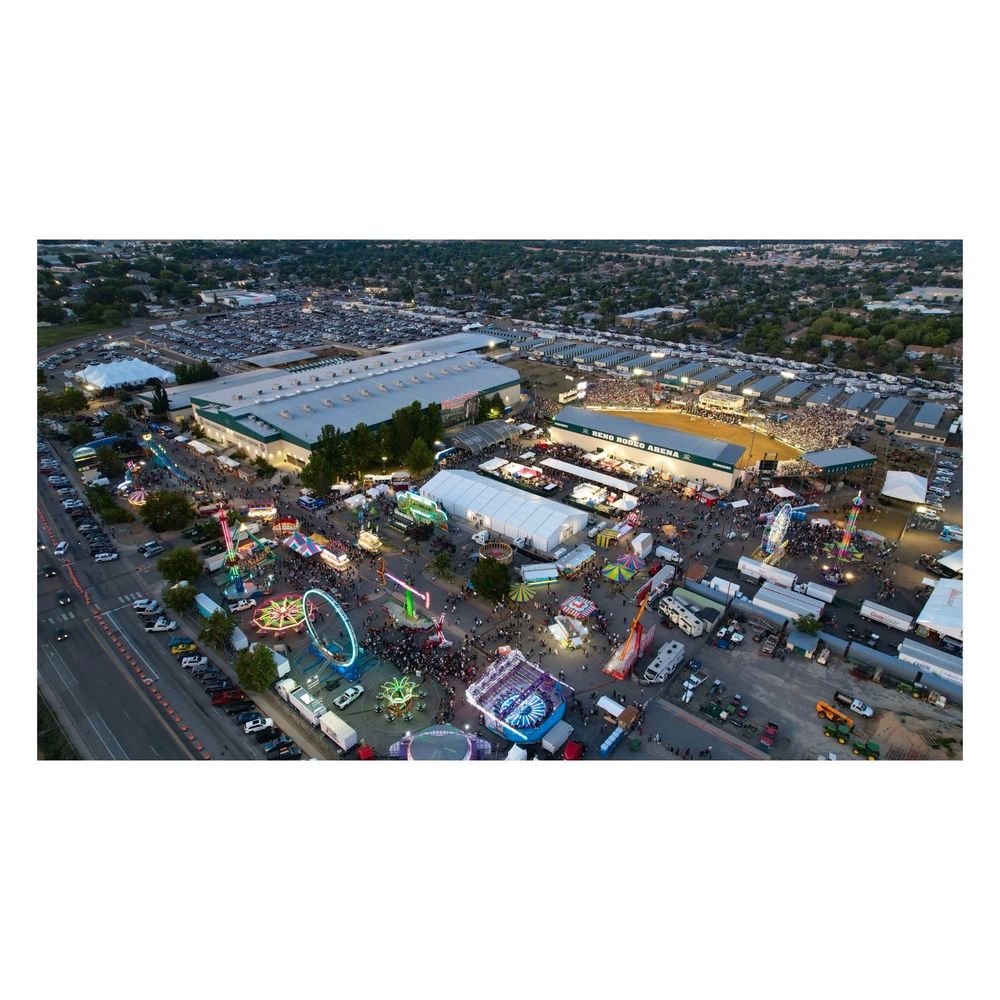 Aerial view of the Reno Rodeo at the Reno-Sparks Livestock Event Center adjacent to the carnival rides (June 24, 2023)