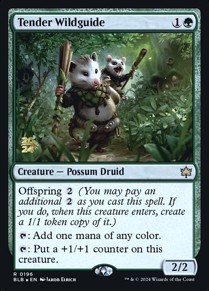 Magic the Gathering card Tender Wildguide featuring a mother opossum carrying a druid's wand in one and and a small opossum joey with an excited expression. The joey is also holding a smaller wand.