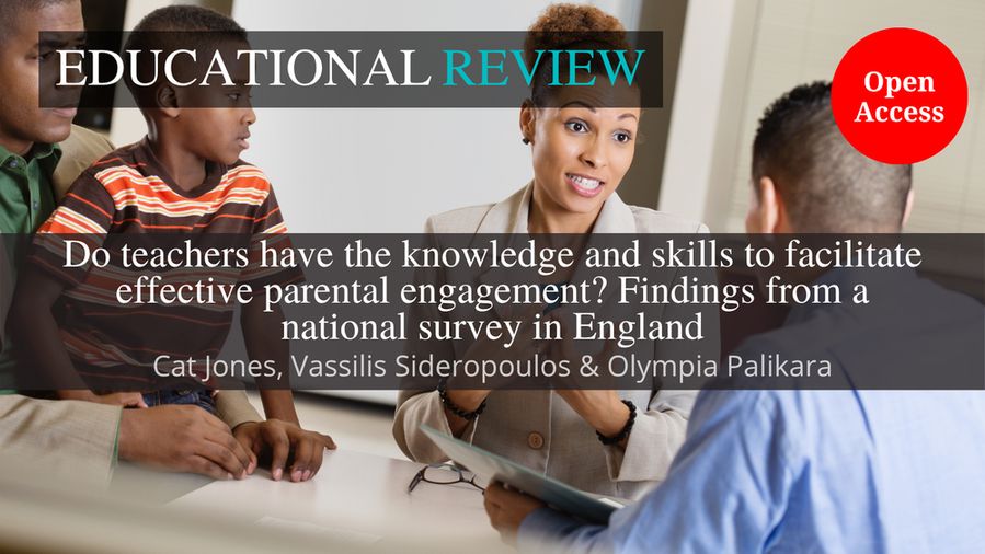 The background image shows a family having a meeting with a teacher. This is overlaid with the ‘Educational Review’ journal title at the top. In the middle is the article title and author name(s): ‘Do teachers have the knowledge and skills to facilitate effective parental engagement? Findings from a national survey in England’ by Cat Jones, Vassilis Sideropoulos & Olympia Palikara. The words “Open Access” appear in a red circle.