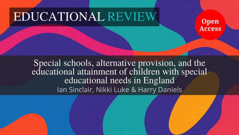 The background image is colourful abstract swirls. This is overlaid with the ‘Educational Review’ journal title at the top. In the middle is the article title and author name(s): ‘Special schools, alternative provision, and the educational attainment of children with special educational needs in England’ by Ian Sinclair, Nikki Luke & Harry Daniels. The words “Open Access” appear in a red circle.