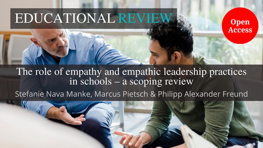 The background image shows two men talking. This is overlaid with the ‘Educational Review’ journal title at the top. In the middle is the article title and author name(s): ‘The role of empathy and empathic leadership practices in schools – a scoping review’ by Stefanie Nava Manke, Marcus Pietsch & Philipp Alexander Freund. The words “Open Access” appear in a red circle.