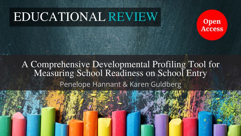 The background image shows colourful chalks on a blackboard. This is overlaid with the ‘Educational Review’ journal title at the top. In the middle is the article title and author name(s): ‘A Comprehensive Developmental Profiling Tool for Measuring School Readiness on School Entry’ by Penelope Hannant & Karen Guldberg. The words “Open Access” appear in a red circle.