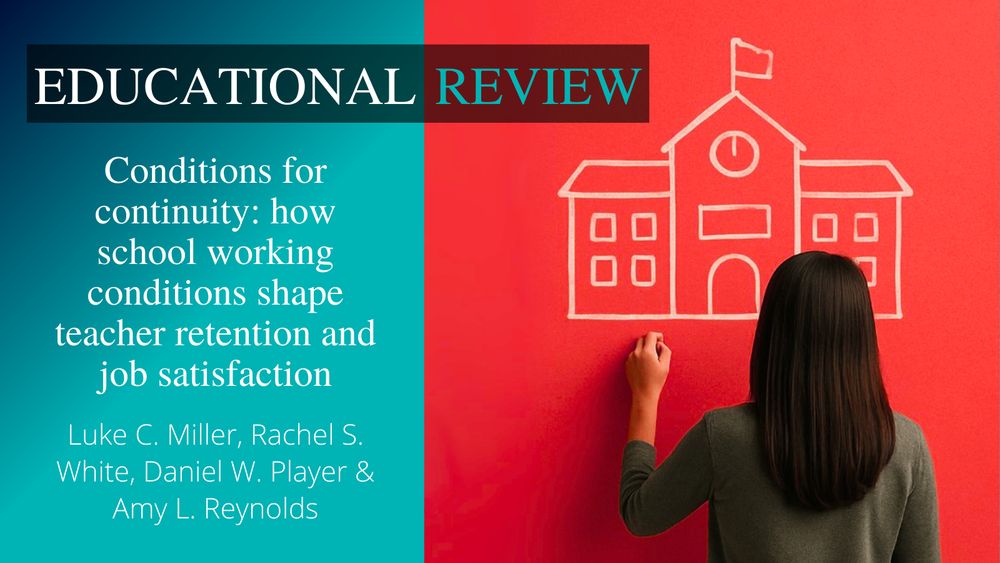 Educational Review journal title appears at the top. On the left, in white text on a bright blue background is the article title and author name(s): ‘Conditions for continuity: how school working conditions shape teacher retention and job satisfaction’ by Luke C. Miller, Rachel S. White, Daniel W. Player & Amy L. Reynolds. On the right is an image of teacher looking at and reaching towards a drawing of a school.