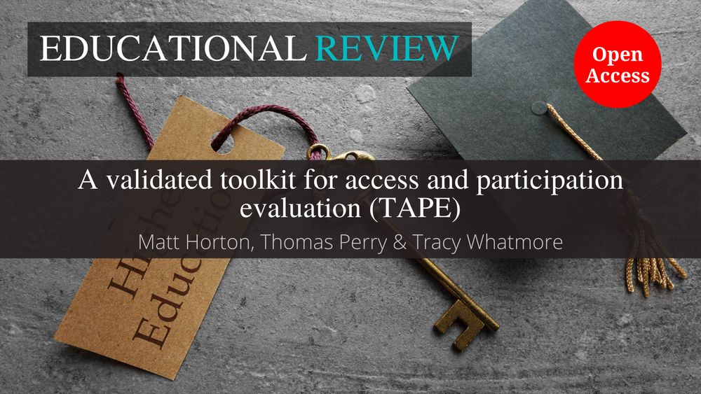 The background image shows a key labelled ‘higher education’ next to a graduation cap. This is overlaid with the ‘Educational Review’ journal title at the top. In the middle is the article title and author name(s): ‘A validated toolkit for access and participation evaluation (TAPE)’ by Matt Horton, Thomas Perry & Tracy Whatmore. The words “Open Access” appear in a red circle.
