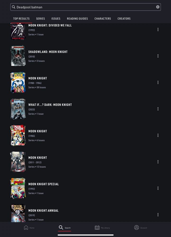 Search results showing nothing but Moon Knight comics.