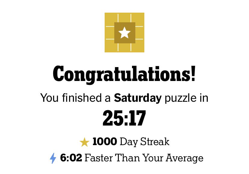 Screenshot of the Puzzle Completed screen showing a 1000 Day Streak.