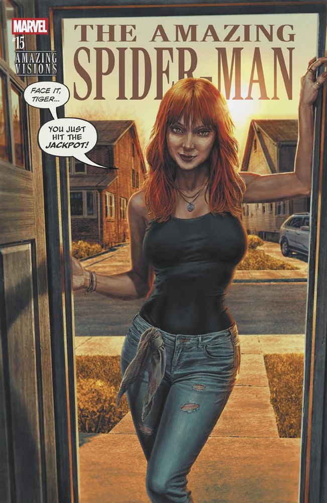 Cover for Amazing Spider-Man #15 by Lee Bermejo, featuring a recreation of Mary Jane Watson's first appearance. Really terrible art, to be frank.