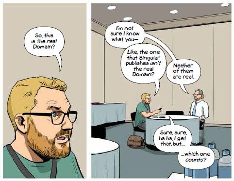 Panels from PUBLIC DOMAIN #9 in which a comics journalist who looks just like me interviews the series' protagonist.