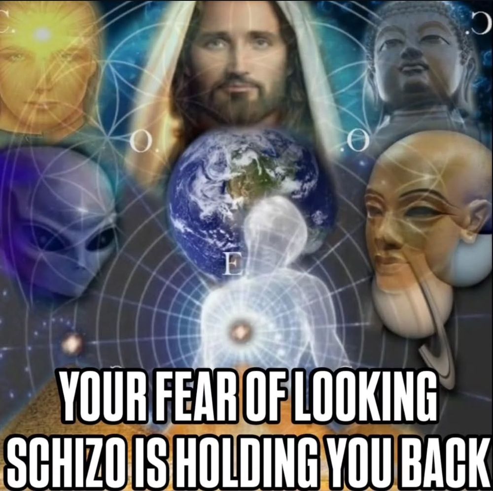 a imagem mostra jesus, aliens do espiritismo, aliens cinzas, estátua do buda, uma mascarola de bronze, planetas e as pirâmides ao redor de uma figura humanoide concêntrica a todos estes elementos. Infere sobre a liberdade e o conhecimento do universo sendo absorvido pelo leitor, enquanto apresenta a frase "teu medo de parecer esquizo está te impedindo de alcançar teus objetivos"

