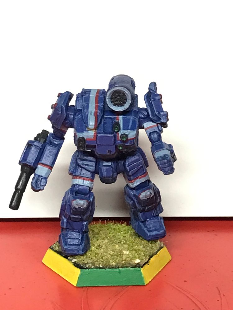 A Catalyst Game Labs Thunderbolt painted in the colours of the 2nd Ceti Hussars.  Mostly blue with light blue and red stripe details.