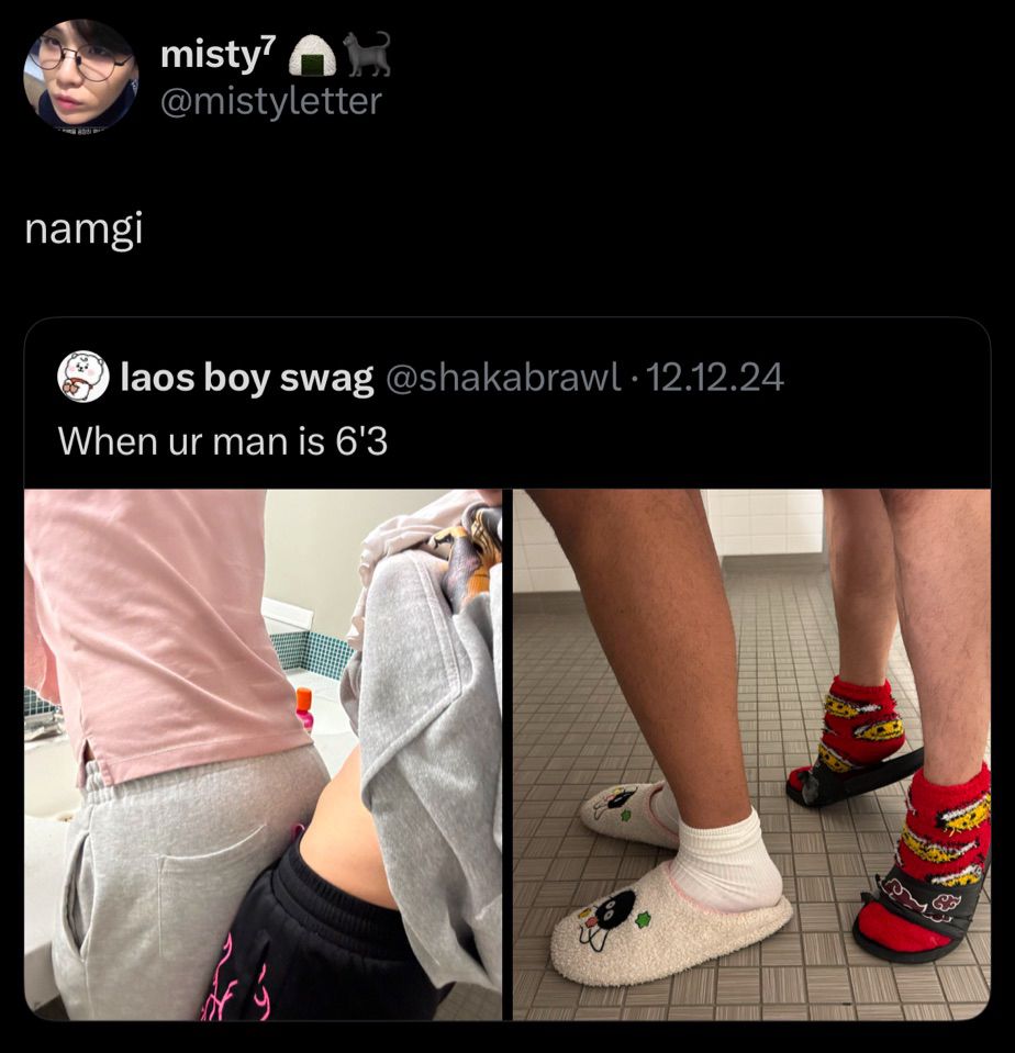 an image of a post from twt where someone short is standing on tippy toes to press themselves (their crotch) on to someone taller, post is quoted by someone with the word “namgi” which is unit name for Namjoon and Yoongi
