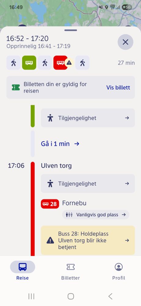 Skjermbilde fra Ruter-appen. Den foreslår at jeg skal gå av på Ulven torg med en grønn buss, og bytte til rød buss 28 retning Fornebu, på Ulven torg. På buss 28 står det et lite notat i gult, merket med varselttrekant: "Buss 18: Holdeplass Ulven torg blir ikke betjent".