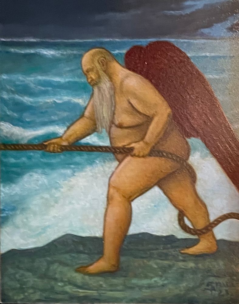 Oil Painting of Fallen Angel pulling a rope by David Addison Small