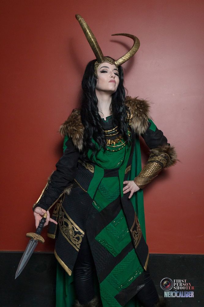 A cosplayer is dressed as Loki from the MCU.
