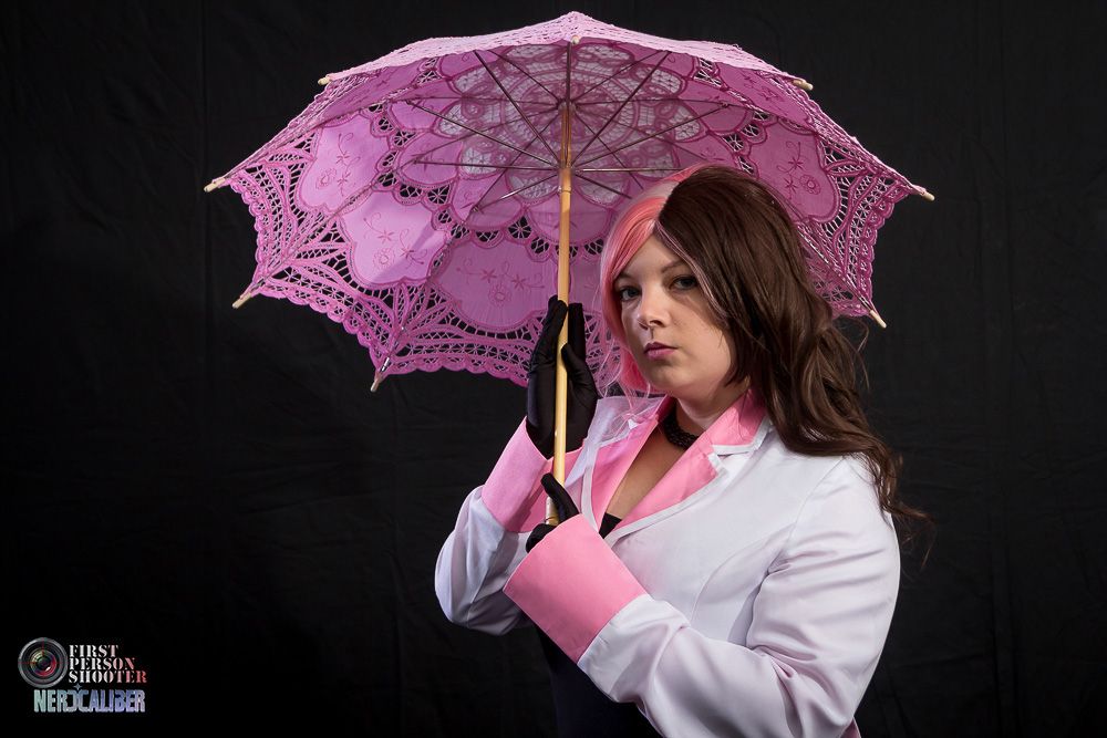 A cosplayer is dressed as Neopolitan from the animated series RWBY.