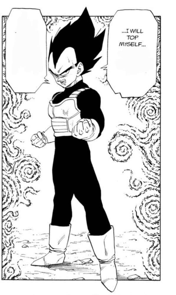 A manga panel from Dragon Ball with Vegeta posing. It has been edited so he's saying "...I will top myself..."