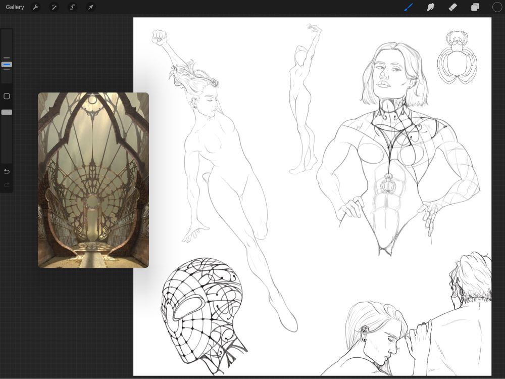 A series of sketches of my attempt of designing my Spider Woman OC. The suit’s design is based on Art Nouveau style and it’s A PAIN IN MY ASS because I usually don’t deal well with heavily detailed works