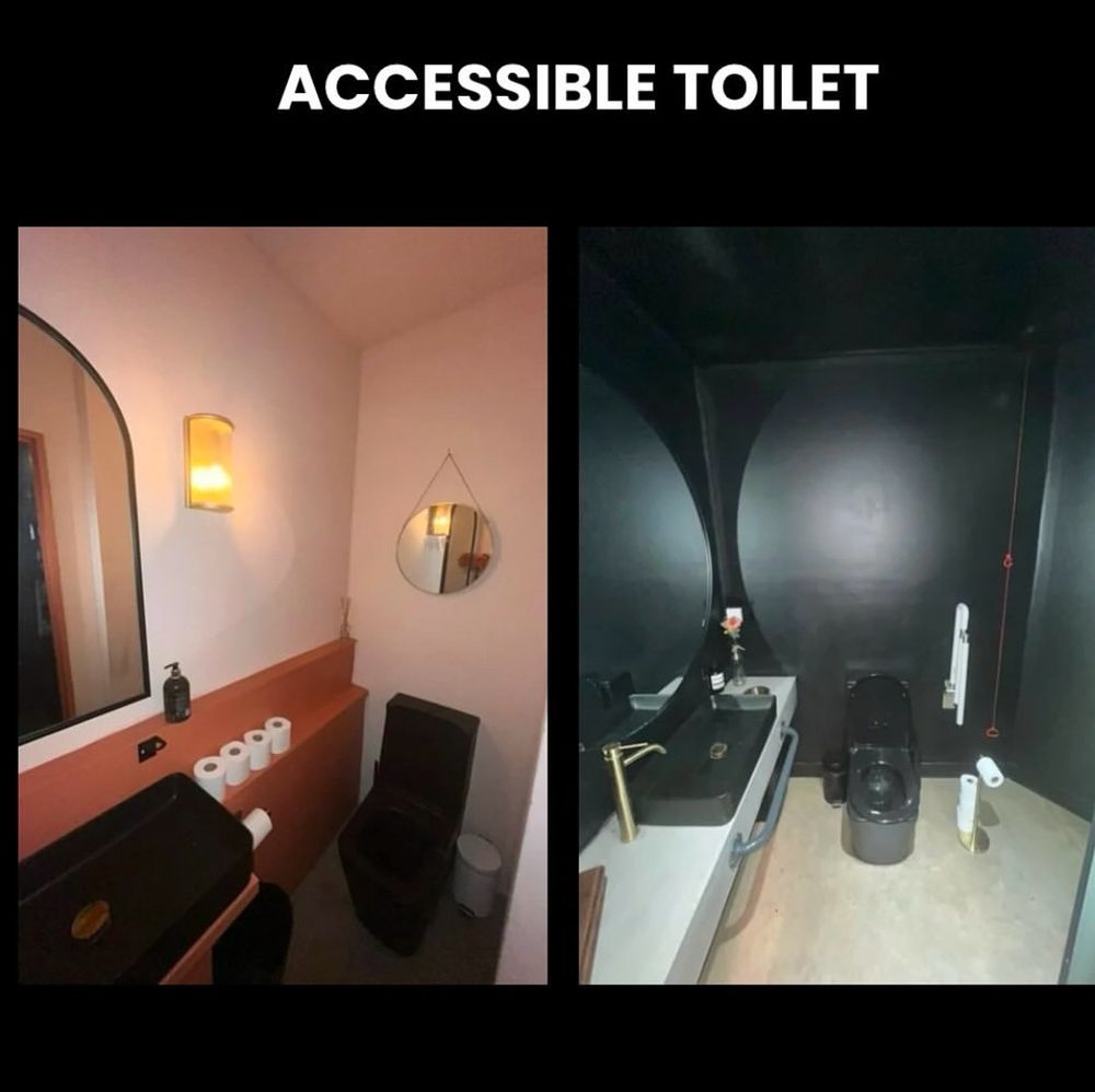 an image of inside the venue. this is of the accessible toilet showing grab/ support rails and a red emergency cord as well as sanitary bins. 