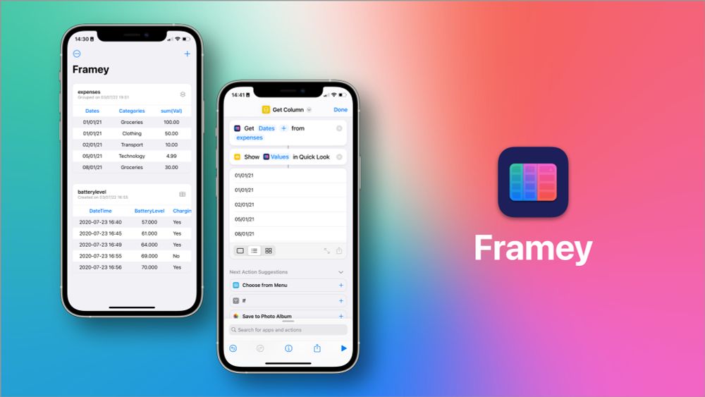 Framey screenshots showing dataframes and shortcuts to manipulate them