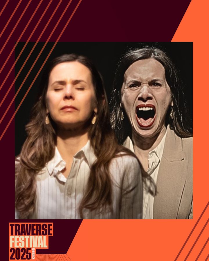 Split image of a woman on left, eyes closed in a calm expression, and on right, open-mouthed and shouting. Background features Traverse Festival 2025 branding.