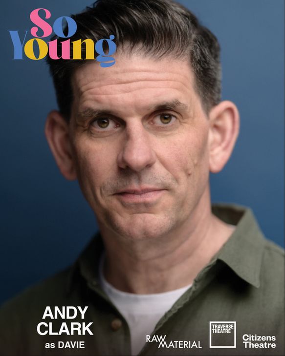 Portrait of a man wearing a green button-up shirt over a white tee against a blue background, promoting Andy Clark as Davie.