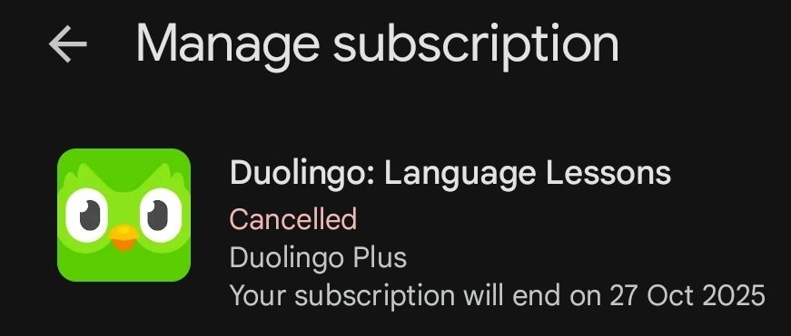 Duolingo Plus subscription cancellation screenshot 