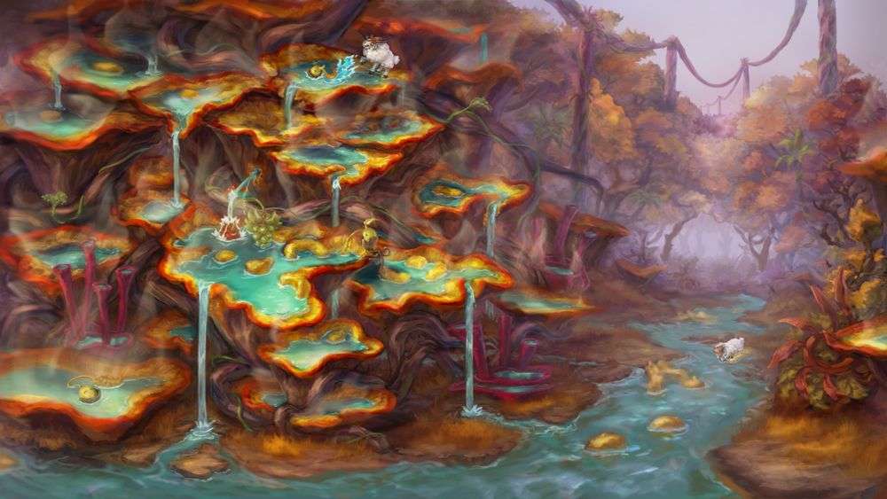 An illustration of an alien forest with a mostly yellow and orange color palette. A large fountain-like collection of mushrooms act as a hot spring for plant-like creatures to relax in . A river flows across the stream with a sheep-like creature using one of partially submerged coral as a base to drink from the river. Tree-like posts rise above the forest and are connected by large thick vines.