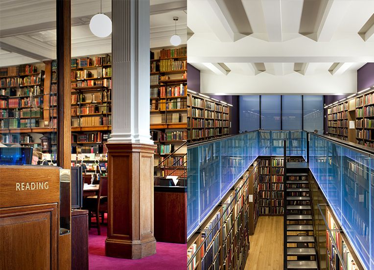 Picture of the interior of the London Library, with steps, many bookcases and a glass balustrade